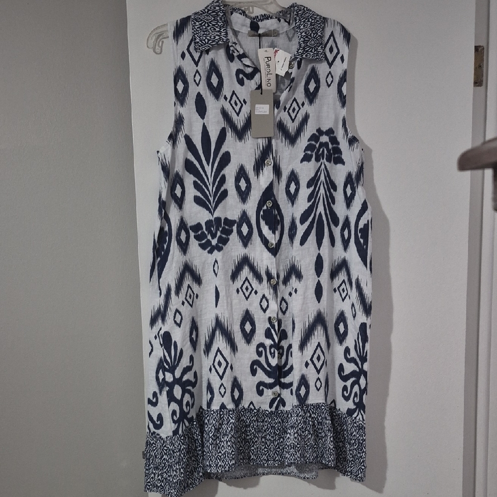 Papillon Navy & White Sleeveless Ikat Print Dress